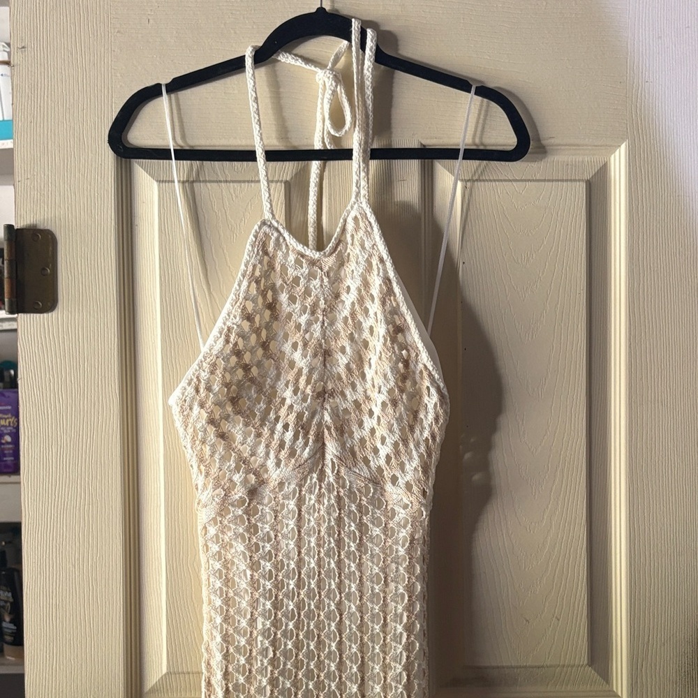 Guess Cream Halter Neck Crochet Dress